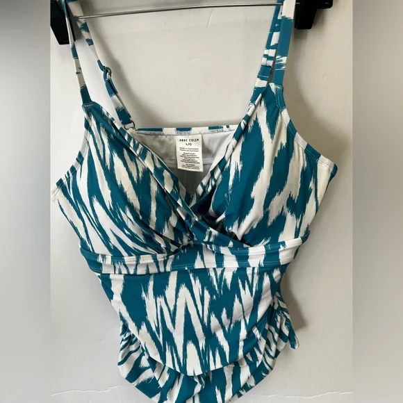ANNE COLE TEAL & WHITE SIZE LARGE PATTERNED TANKINI PADDED WITH UNDERWIRES. NWOT - Picture 3 of 8